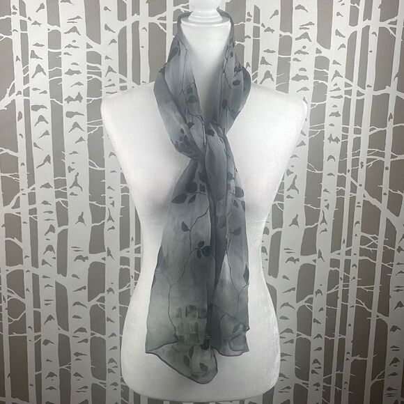 Cejon Sheer Silk Rectangular Scarf Branches Leaves Print - Picture 1 of 7